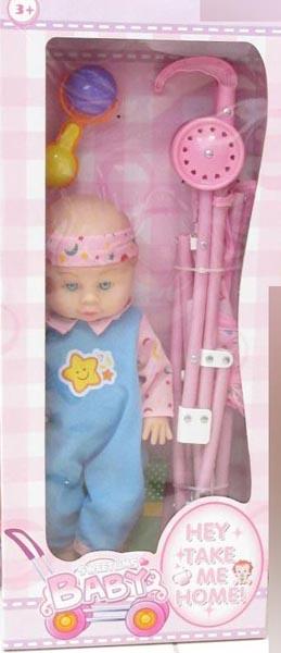 Doll with toy pushchair and rattle