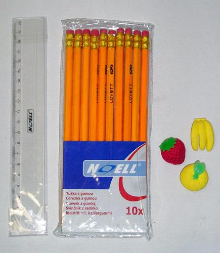 Rubber erasers - a set of 10 graphite pencils with an eraser, ruler and 3 rubber erasers shaped as a strawberry, a lemon and a banana