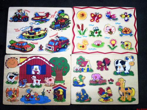 Wooden puzzles:1. baby animals wooden puzzle, 2. baby farm wooden puzzle,3. vehicles wooden sound puzzle,4. farmyard animals wooden puzzle,5. pin head farm and animals wooden puzzle