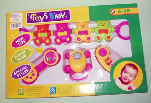Set of rattles in the shape of 4 teddy bears, an earphone and a car