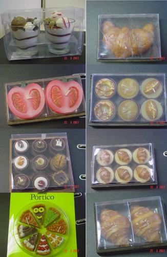 Candles in the form of various foodstuffs (tomatoes, croissants, bread, sweets, ice creams, slices of tart, etc.)