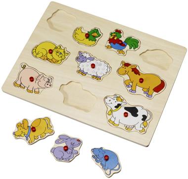 Wooden puzzle - animal figures with knobs, 10 pcs