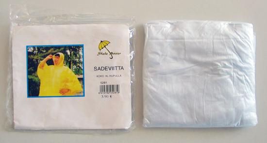 Raincoat in plastic package.