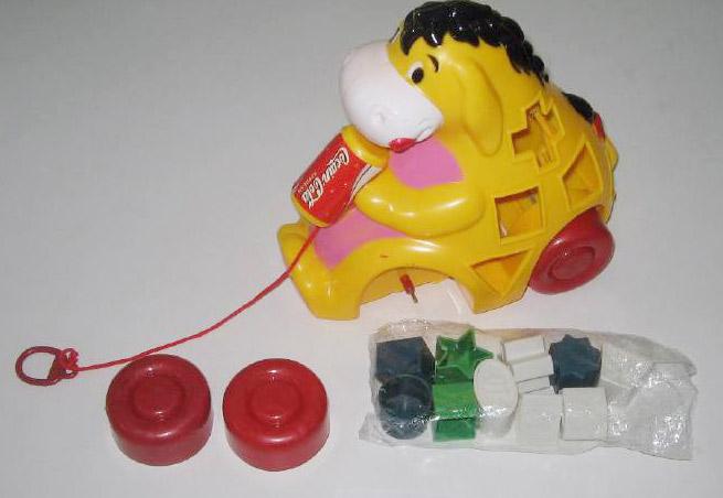 Pull along toy in the shape of a donkey with a drink can