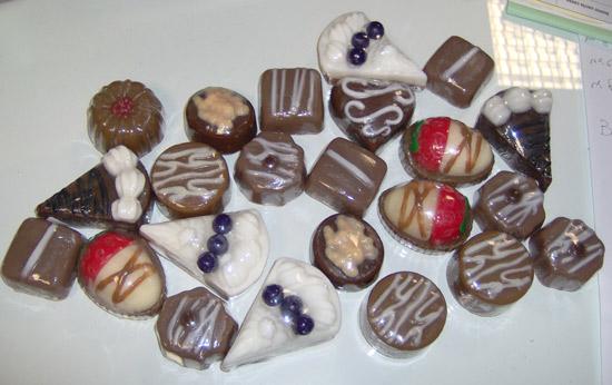 Cosmetics resembling various shaped chocolates in shape, colour, appearance, size and scent