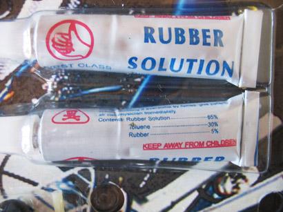 Rubber solution in bicycle repair kit.