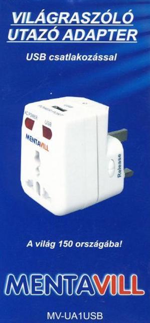 Travel adapter with USB output."Világraszóló U