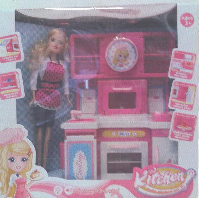 Kitchen set with plastic doll